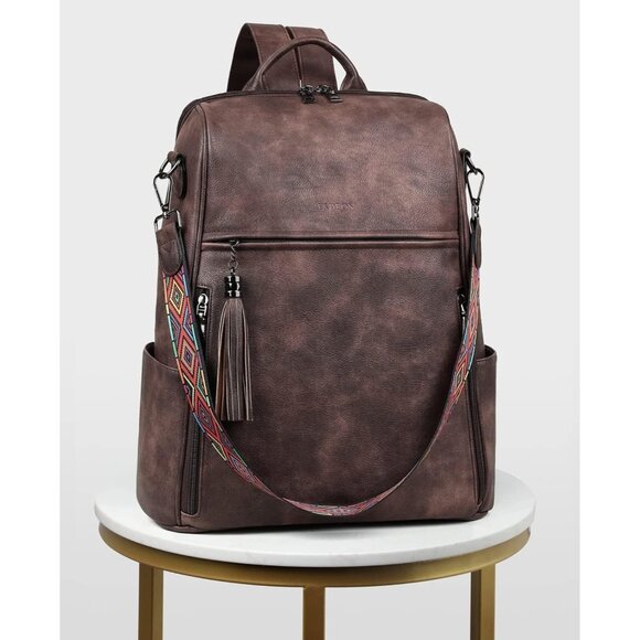 Women Coffee Brown Retro Style Backpack Designer 15.6 inch PU Leather Laptop Bag - Picture 8 of 10